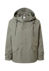 Water-resistant jacket in olive green, featuring a hood, two side pockets, snap closures, and adjustable drawstrings at the neck.