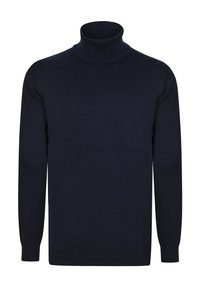 Suéter de cuello alto de color marino, hecho de tejido de punto, con mangas largas y puños acanalados. Textura suave con un diseño ajustado y cuello alto.