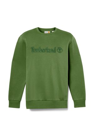 Sudadera verde hecha de material suave, con el logo en relieve "Timberland" y el emblema del árbol, con puños y dobladillo acanalados.