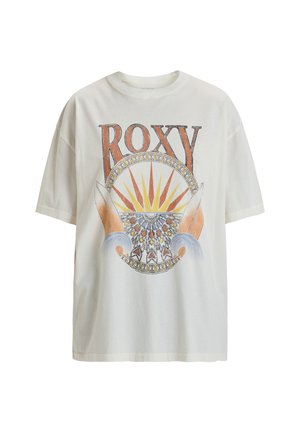 White cotton T-shirt featuring a colorful graphic design with "ROXY," sun rays, and surfboard elements in orange, blue, and black. Relaxed fit.