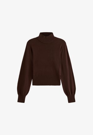 Bruine gebreide trui met een hoge geribbelde kraag en ballonmouwen, met een aangesloten geribbelde onderrand. Zachte textuur en cropped ontwerp.