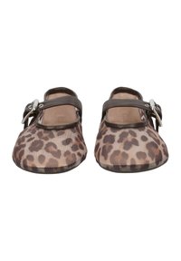 Leopardenmuster Ballerinas mit einem braunen Lederband und einer silbernen Schnalle. Weiches Obermaterial mit runder Spitze und glattem Innenfutter. Flache Sohle.