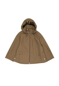 Brown hooded rain cape with front zipper, adjustable drawstring hood, wide sleeves, and snap buttons on the sides.
