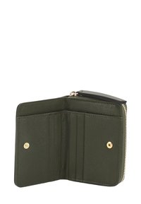 Zippered wallet in dark green leather. Features multiple card slots, a snap pocket, and a smooth texture with gold-tone hardware accents.