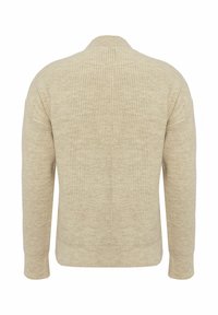 Beige ribbelgebreide trui, met lange mouwen, een ronde halslijn en een textuurafwerking. De achterkant toont een glad en schoon ontwerp.