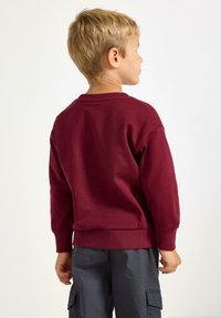 Ragazzo biondo girato di spalle, indossa una felpa a maniche lunghe bordeaux e pantaloni cargo grigio scuro su uno sfondo bianco semplice.
