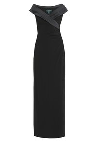 Černé večerní šaty s přiléhavým střihem, výstřihem bez ramínek se kontrastními saténovými detaily a s drapérií v oblasti pasu.