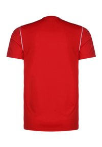Rotes kurzärmliges T-Shirt aus leichtem Stoff, mit glatter Textur und weißen Akzenten an den Schultern. Rückansicht angezeigt.