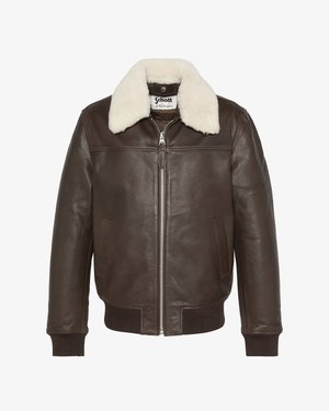 Chaqueta de cuero marrón oscuro con cuello de borreguito blanco, cremallera frontal, bolsillos laterales y puños y dobladillo acanalados.