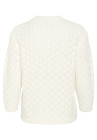 Pull en tricot crème avec un motif en losange texturé, un col et des poignets côtelés. Manches longues et coupe décontractée avec un aperçu de l'arrière.