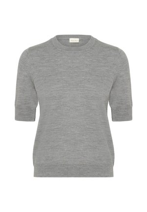 Rövid ujjú, kerek nyakú pulóver világosszürke színben, puha kötött anyagból készült. Lazább fazonú, enyhén bordázott szegéllyel rendelkezik.