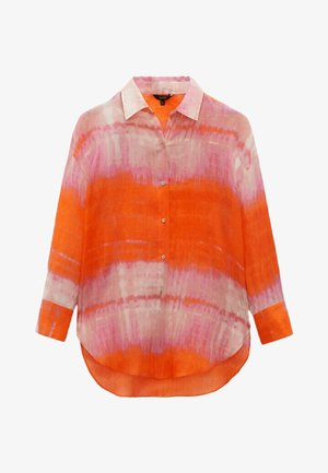 Helles orange und pinkes Leinenhemd mit einem Farbverlauf-Tie-Dye-Muster, langen Ärmeln, Kragen und einer Knopfverschluss vorne.
