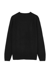 Pull en tricot noir avec un motif texturé, col rond et manches longues. La vue arrière montre des poignets et un ourlet côtelés.