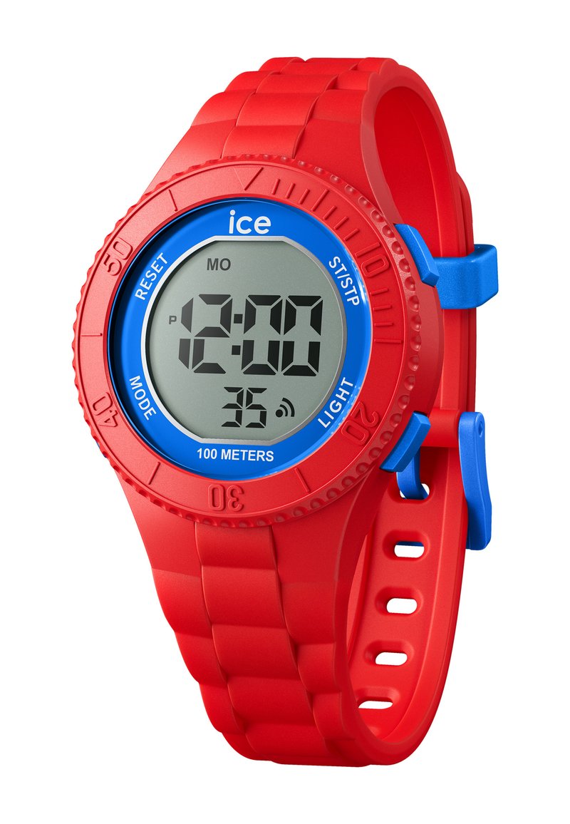Reloj digital rojo con correa de goma, bisel azul, pantalla LCD y detalles de botones. Presenta números en negrita, visualizador de segundos y resistencia al agua.