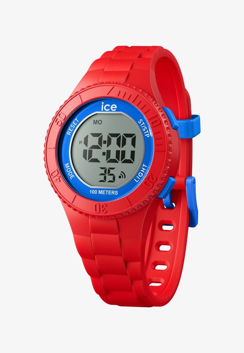 Punainen digitaalikello, jossa on kumihihna, sininen kehä, LCD-näyttö ja nappikorostukset. Ominaisuuksia ovat suuret numerot, sekuntinäyttö ja vedenkestävyys.