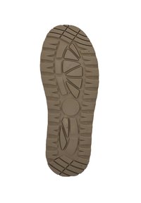 Rubberen schoenzool in khaki met een tekstuur patroon; beschikt over diepe groeven en ribbels voor grip. Rond middenstuk en versterkte randen.