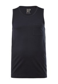 Navyblaue ärmellose Tanktop aus Baumwolle, mit einer Brusttasche, Rundhalsausschnitt und genähtem Saum. Minimalistisches Design ohne Muster.