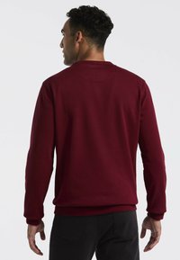 Sweatshirt à col rond bordeaux, avec des manches longues, des poignets côtelés et une texture lisse. Design simple sans motifs ni logo visibles.