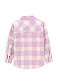Koszula w kratę z długim rękawem. Posiada różowe, jasnopurpurowe i zielone kwadraty na kremowym tle. Zapięcie na guziki przy nadgarstku i na plecach.