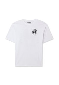 T-shirt bianca oversize in cotone, con una stampa grafica nera sulla parte sinistra del petto, caratterizzata da testo vorticoso e un design astratto.