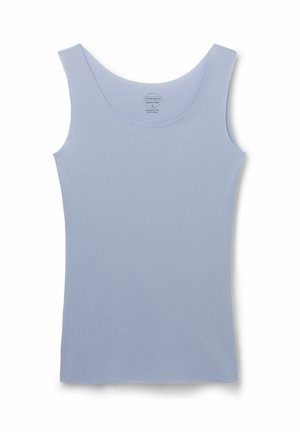 Hellblaues ärmelloses Baumwoll-Tanktop mit Rundhalsausschnitt, Größe S, flach auf weißem Hintergrund liegend.