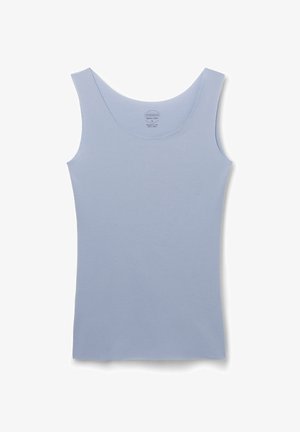 Débardeur en coton bleu clair sans manches avec col en U, taille petite, posé à plat sur un fond blanc.