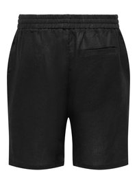 Shorts noirs à taille élastique avec une poche passepoilée au dos, longueur mi-cuisse, en tissu léger.