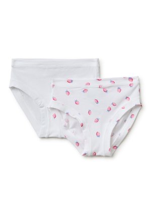 Due paia di slip da donna bianchi, uno semplice e uno con motivi rosa a fragola, mostrati su uno sfondo bianco.