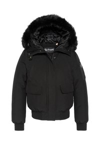 Sort isoleret jakke med hætte foret med faux pels, dobbelt forlommer og lomme med lynlås på ærmet, der har en ensartet tekstur og slidstærkt stof.