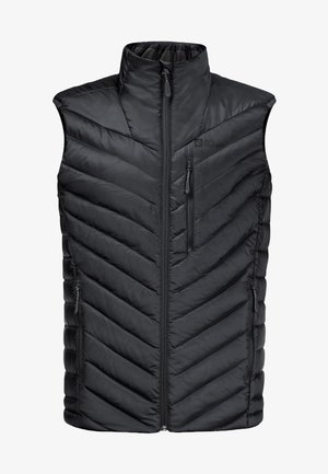 Zwarte geïsoleerde vest met een chevronpatroon, hoge kraag en ritsluiting aan de voorkant. Glad oppervlak met een zijzakdetail.