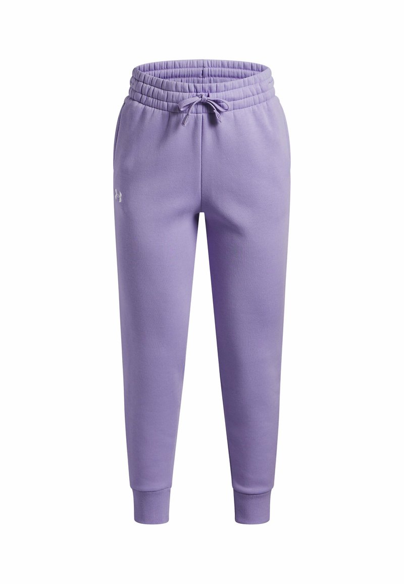 Lila sweatpants i bomullsmaterial, med resårmidja och dragsko, ribbade ärmslut och en logotypdetalj på sidan.