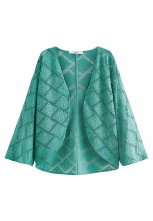 Veste en dentelle turquoise à ouverture frontale, manches larges et motif floral en forme de losange sur fond blanc.