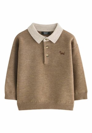 Brauner Pullover für Kleinkinder mit beigem Kragen, drei Knöpfen und kleinem besticktem braunem Hund auf der Brust.