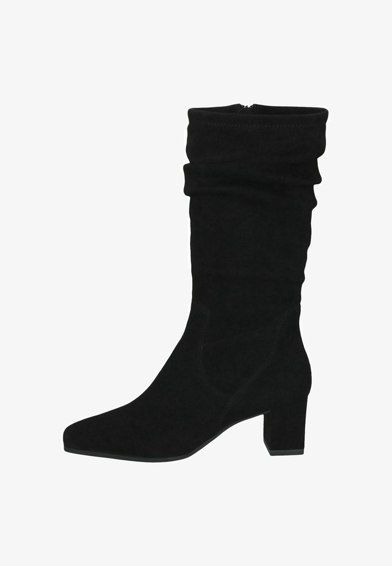 Botte en daim noire mi-mollet avec tige froissée et talon bloc.