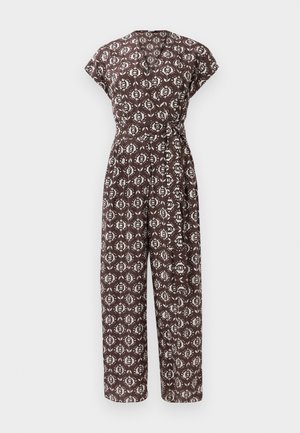 Brown jumpsuit with white floral pattern, short sleeves, V-neck, and sash tied at the waist, shown on a plain white background.