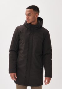 Dark brown insulated coat with a hood, featuring a zippered front, side pockets, and a smooth matte finish. Classic, functional design.