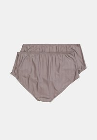 Sous-vêtements taille haute rayés beiges en tissu doux. Dotés d'une ceinture élastique et d'une texture lisse, conçus pour le confort et la couvrance.