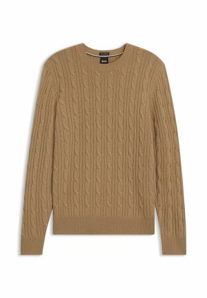 Maglione lavorato a maglia color marrone chiaro, con motivo a treccia, collo rotondo e polsini e orlo a costine. Realizzato in un materiale morbido e strutturato.