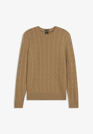 Pull en tricot marron clair avec un motif en torsades, col rond et poignets et ourlet côtelés. Fabriqué en matériau doux et texturé.