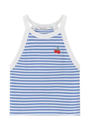 Crop top rayé bleu et blanc sans manches avec bordure blanche et petite cerise rouge brodée sur la poitrine, étiquette de taille visible à l'intérieur du col.