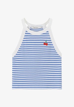 Crop top rayé bleu et blanc sans manches avec bordure blanche et petite cerise rouge brodée sur la poitrine, étiquette de taille visible à l'intérieur du col.