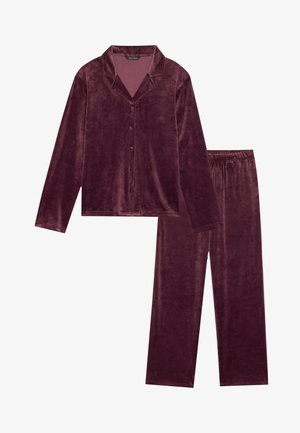 Conjunto de pijama de terciopelo en burdeos oscuro. La camiseta tiene un cuello y cierre de botones. Los pantalones cuentan con una cinturilla elástica para mayor comodidad.