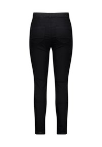 Leggings en denim noir avec une texture lisse, une taille élastique et deux poches arrières. Design ajusté avec une ouverture de jambe étroite.