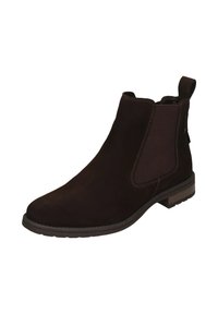 Braune Wildleder-Chelsea-Stiefel mit elastischen Einsätzen, rundem Zehenbereich und einem kleinen braunen Absatz. Mit Kontrastnähten entlang der Kanten versehen.