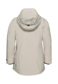 Veste imperméable beige clair avec capuche, manches longues et texture lisse. Dotée de poignets élastiques et d'un ourlet droit.
