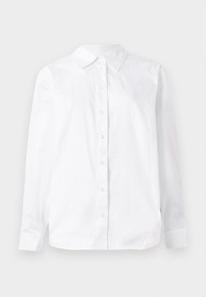 White long-sleeve button-up shirt made of cotton, featuring a pointed collar and a straight fit with a smooth texture.