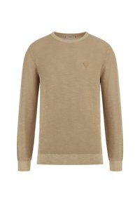Maglione a maniche lunghe beige in maglia con motivo testurizzato e piccolo patch in forma di triangolo sul lato sinistro del petto.
