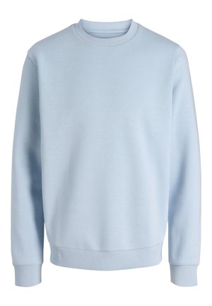 Felpa azzurra chiaro a maniche lunghe con scollo rotondo, polsini e orlo a costine, mostrata su sfondo bianco.