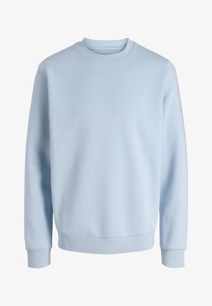 Helesinine pika varrukaga ümmarguse kaelusega pusa, millel on soonilised mansetid ja alumine äär, valgel taustal.