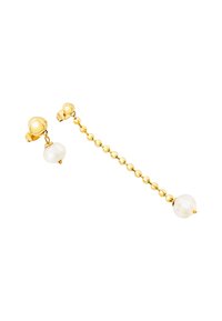 Guldtonade örhängen med länkdesign, med en slät pärla i änden och en bollarstiftstängning, texturerade med en polerad finish.